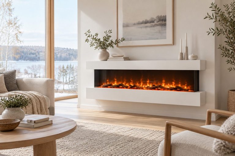 Cheminée électrique murale blanche au design épuré dans un salon scandinave lumineux