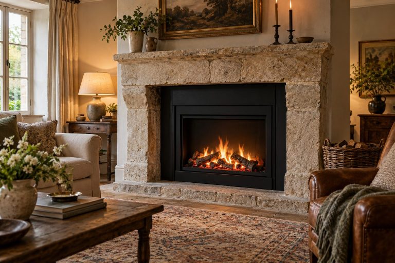 Ancienne cheminée en pierre avec un insert électrique noir aux flammes LED et bûches