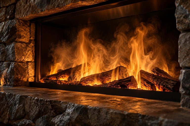 Flammes de vapeur d'eau éclairées en ambre au-dessus de fausses bûches dans une cheminée en pierre