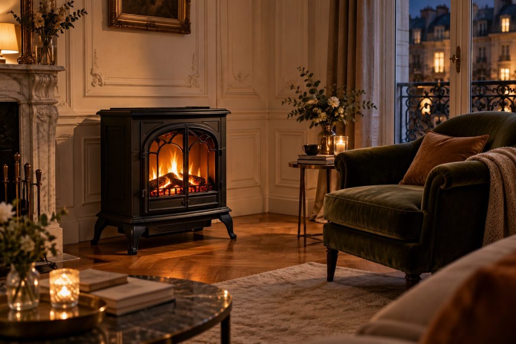 Poêle électrique noir de style fonte posé sur un parquet d'appartement haussmannien