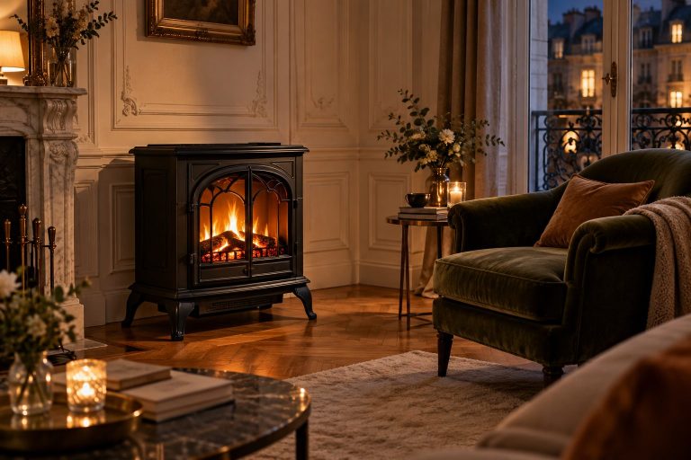 Poêle électrique noir de style fonte posé sur un parquet d'appartement haussmannien