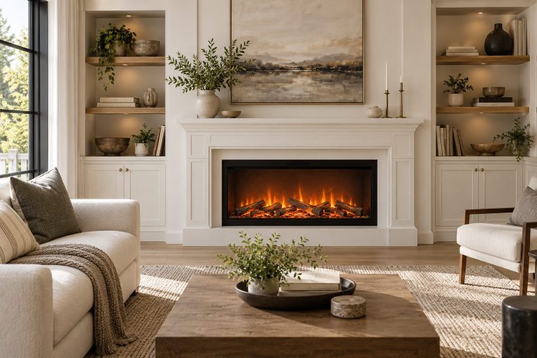 Foyer électrique encastré dans un manteau de cheminée blanc moderne avec flammes et bûches