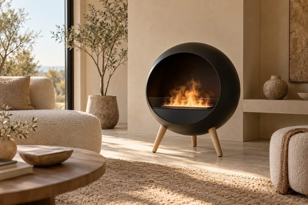 Cheminée décorative ronde noire sur pieds en bois clair avec une flamme de vapeur d'eau