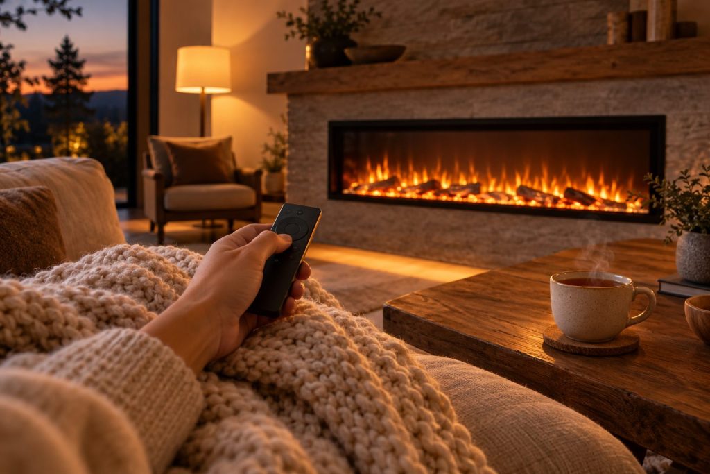 Main tenant une télécommande devant une cheminée électrique allumée le soir, plaid et tasse de thé