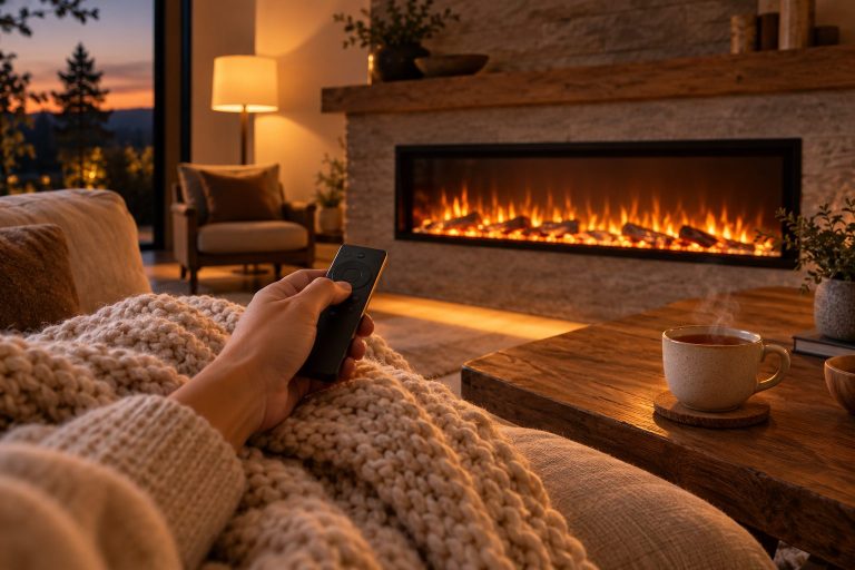 Main tenant une télécommande devant une cheminée électrique allumée le soir, plaid et tasse de thé