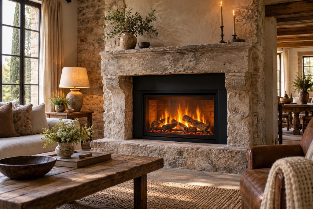 Ancienne cheminée ouverte en pierre transformée avec un insert électrique aux flammes orangées