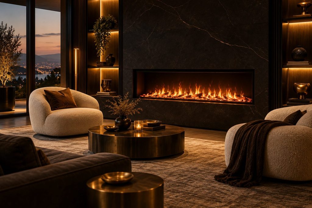 Salon luxueux et sombre avec une cheminée électrique encastrée aux flammes orangées